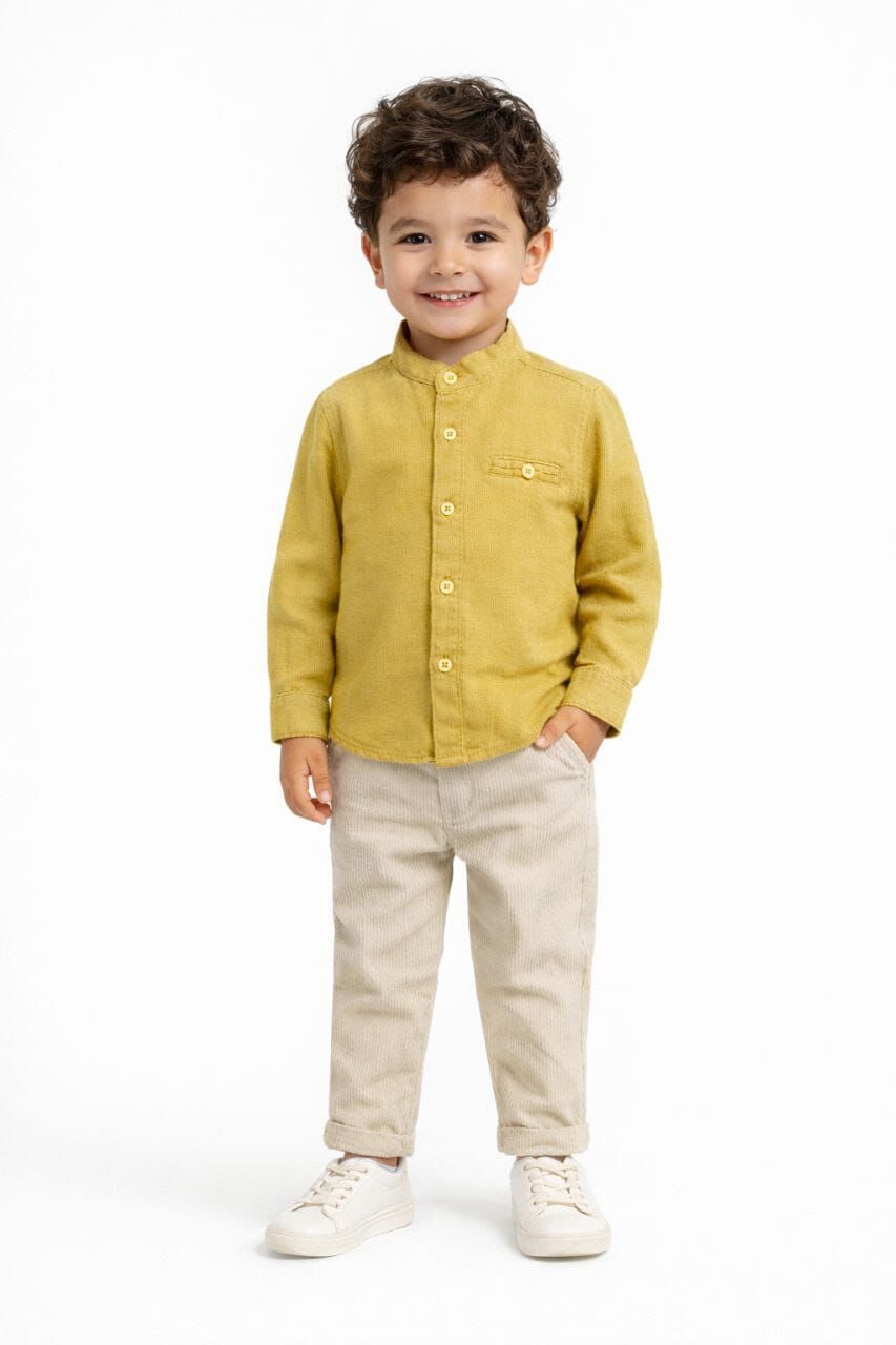 Erkek Çocuk Üst Hardal Müslin Alt Bej Çizgili Kadife İkili Takım