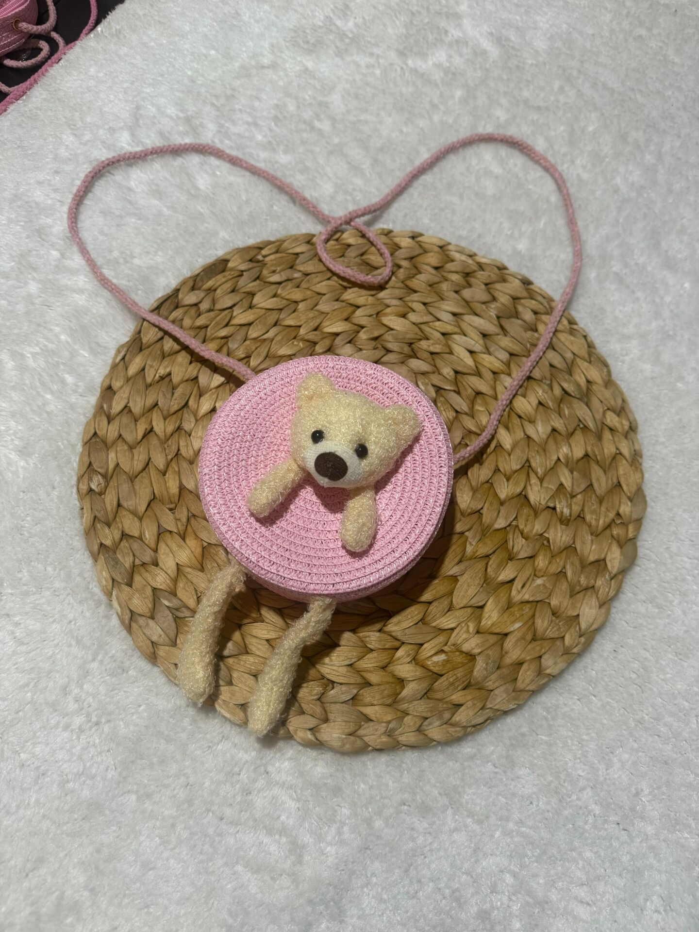 Ayıcıklı Hasır Çanta Pembe