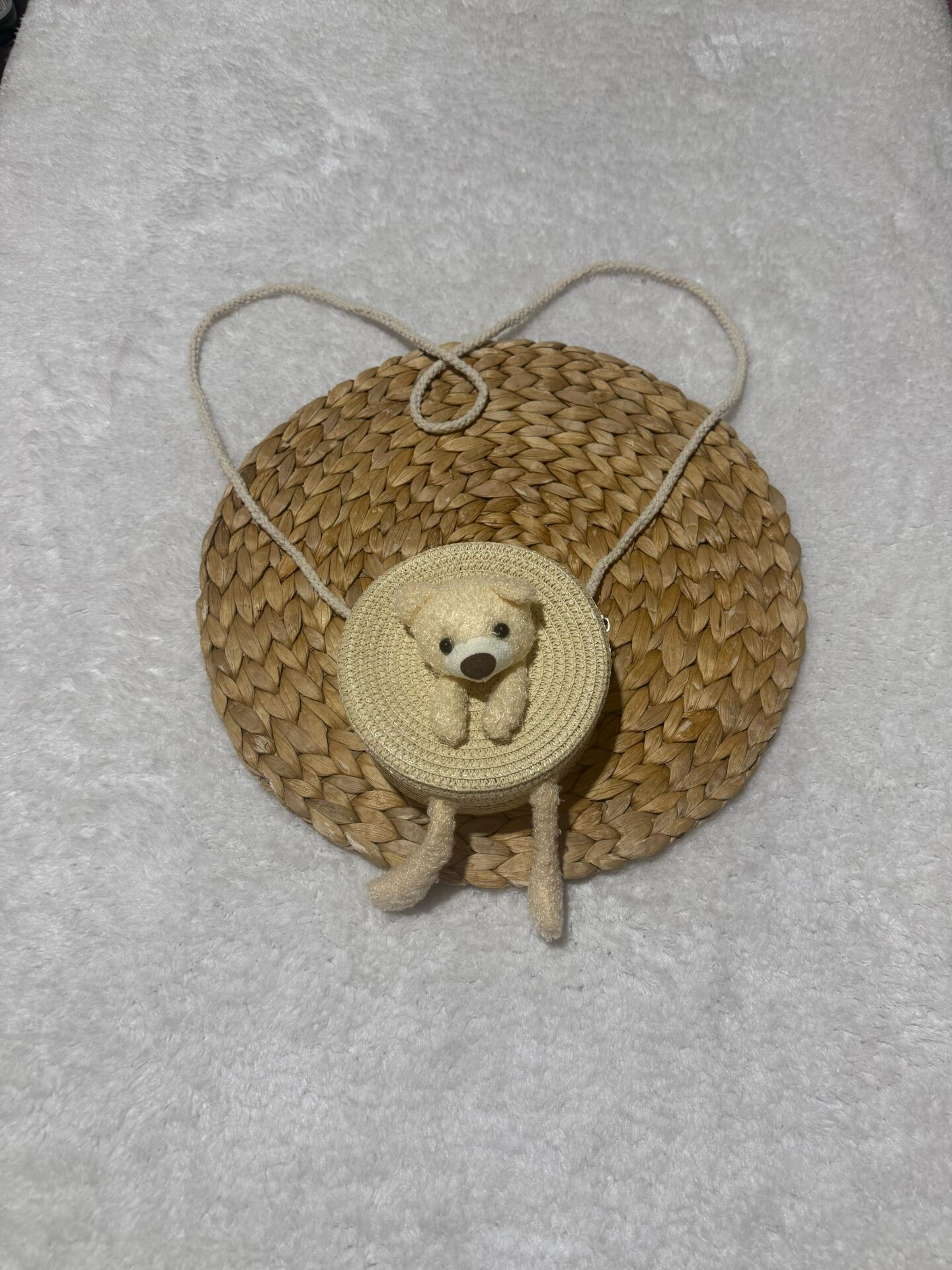 Ayıcıklı Hasır Çanta Krem