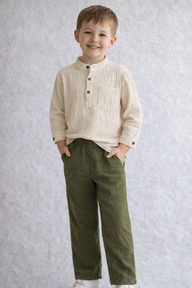 Erkek Çocuk Üst Beyaz Müslin Alt Yeşil Müslin Kumaş İkili Takım