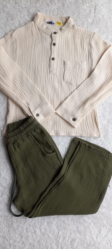 Erkek Çocuk Üst Beyaz Müslin Alt Yeşil Müslin Kumaş İkili Takım