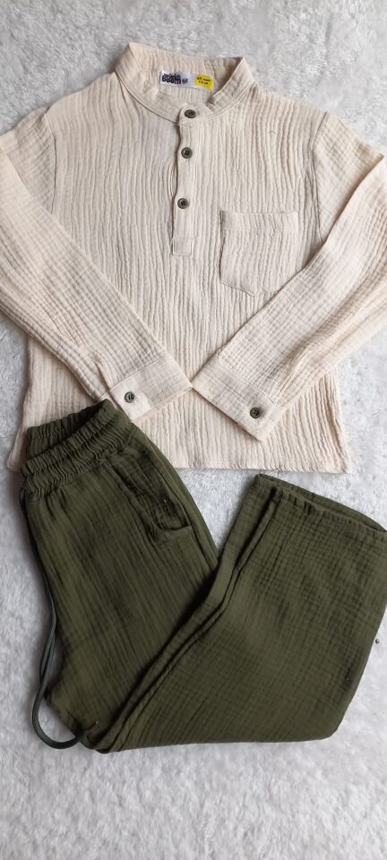 Erkek Çocuk Üst Beyaz Müslin Alt Yeşil Müslin Kumaş İkili Takım