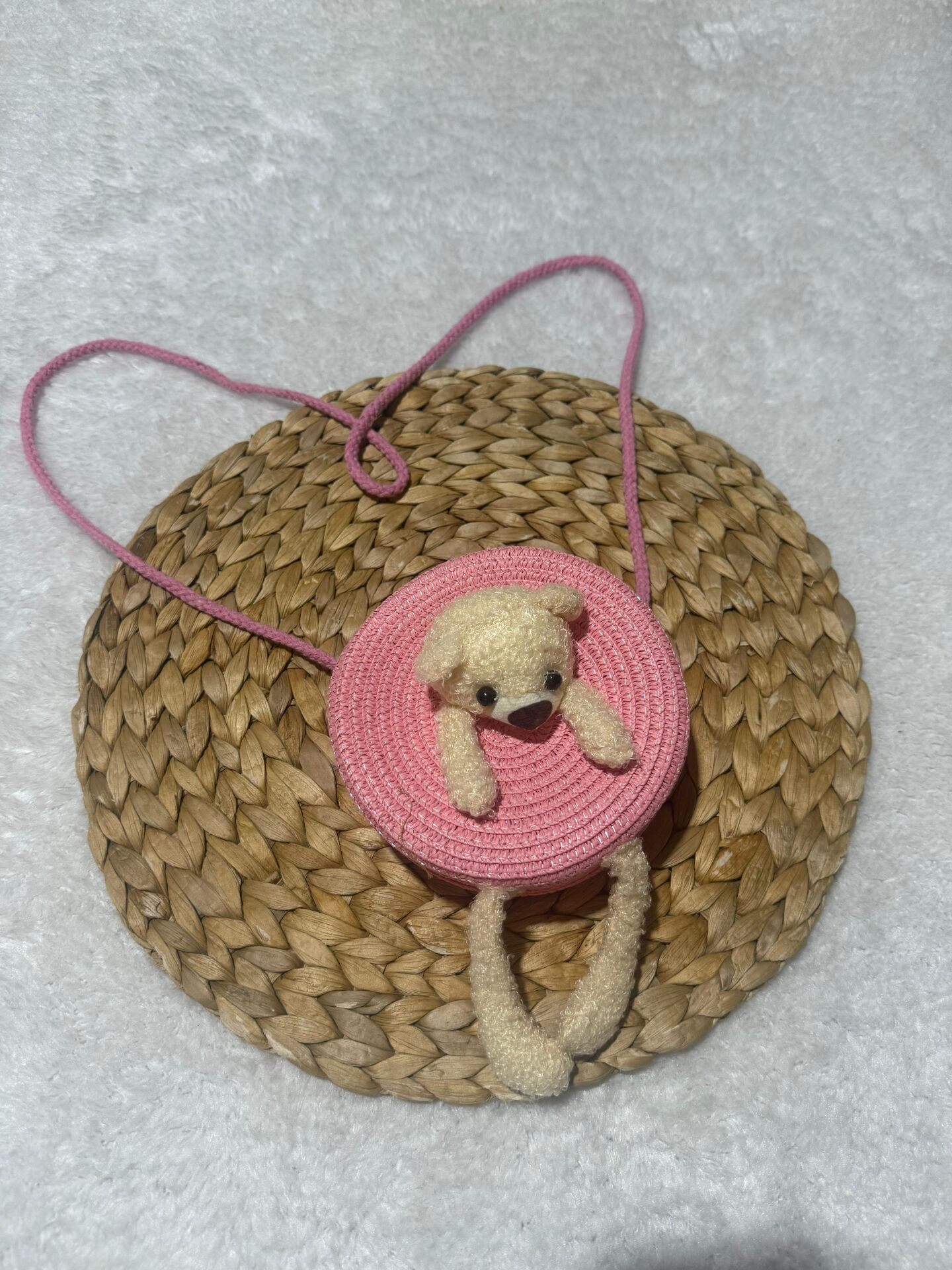 Ayıcıklı Hasır Çanta Fuşya