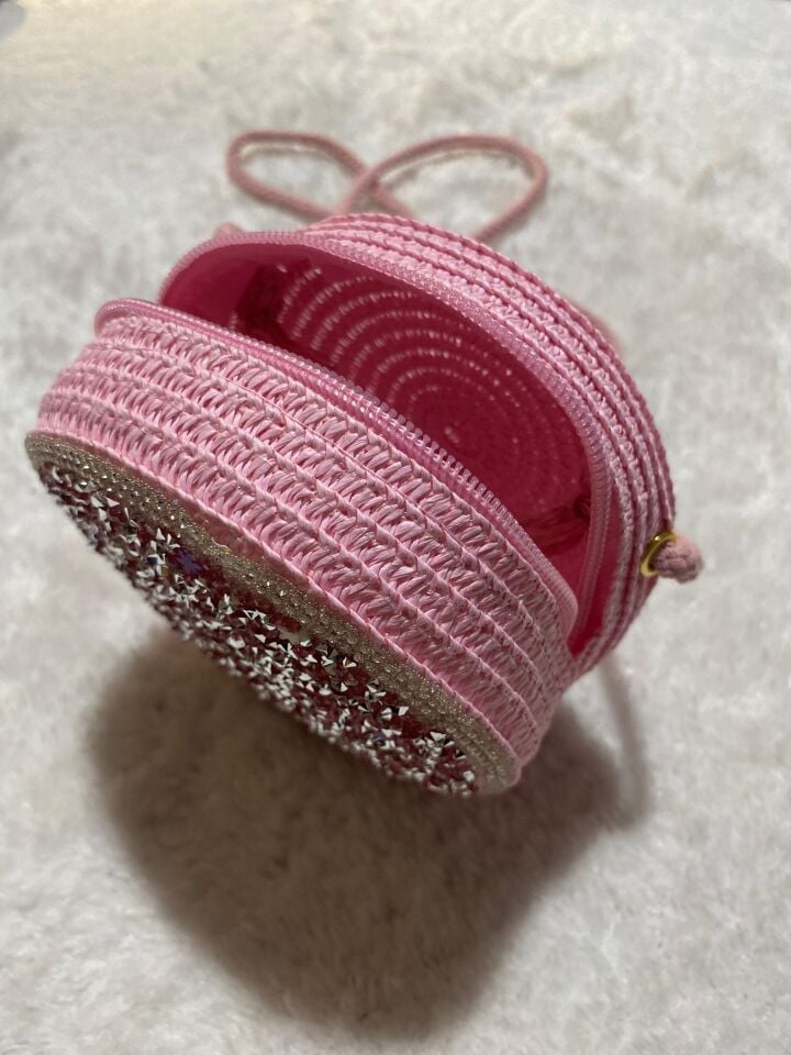 Taşlı Hasır Çanta Pembe