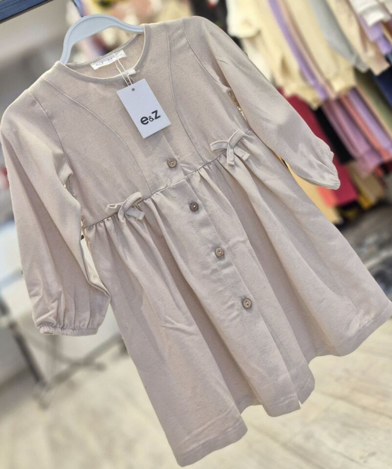 Kız Çocuk Uzun Kol Fiyonklu Keten Elbise Bej