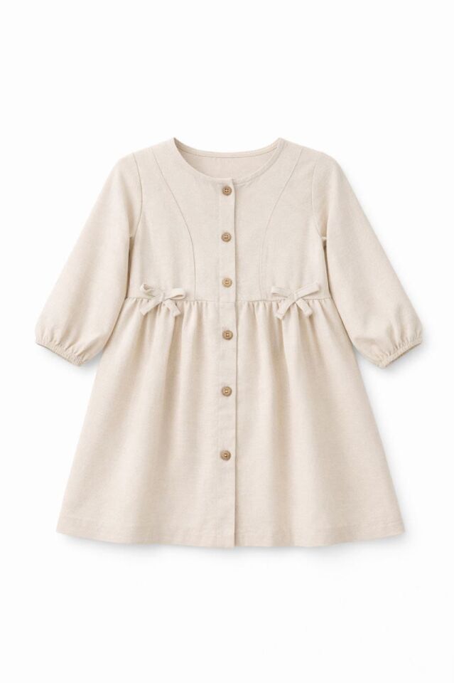 Kız Çocuk Uzun Kol Fiyonklu Keten Elbise Bej