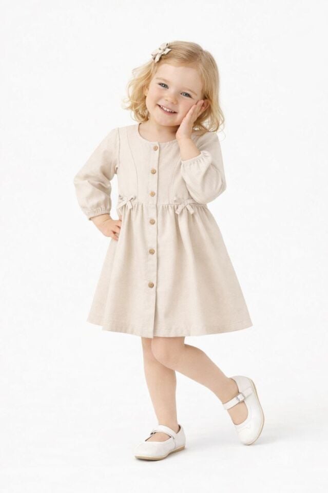 Kız Çocuk Uzun Kol Fiyonklu Keten Elbise Bej