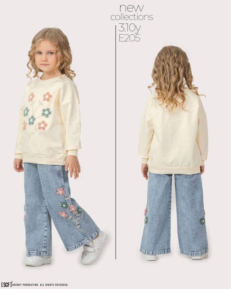 Kız Çocuk Üst Bej Kabartma Çiçekli Alt Yanı Çiçekli Kot Takım