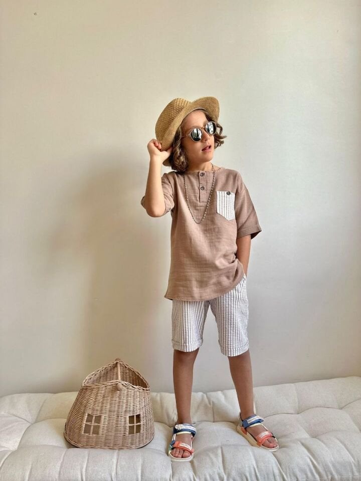 Erkek Çocuk Çizgili Keten Müslin Takım Kahve (1-D)