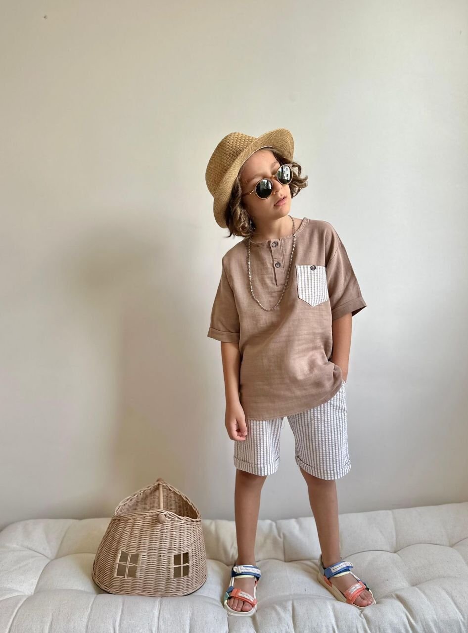 Erkek Çocuk Çizgili Keten Müslin Takım Kahve (1-D)
