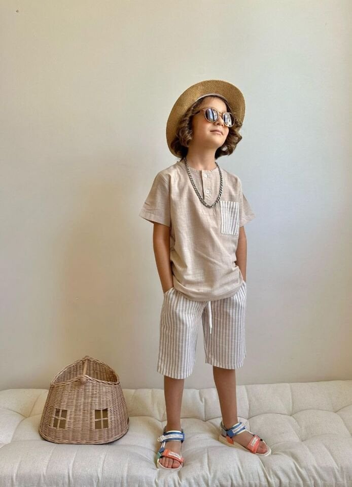 Erkek Çocuk Çizgili Keten Müslin Takım Krem (1-D)