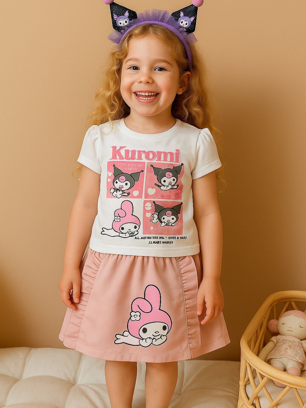 Kız Çocuk Kuromi Pembe Etekli Takım