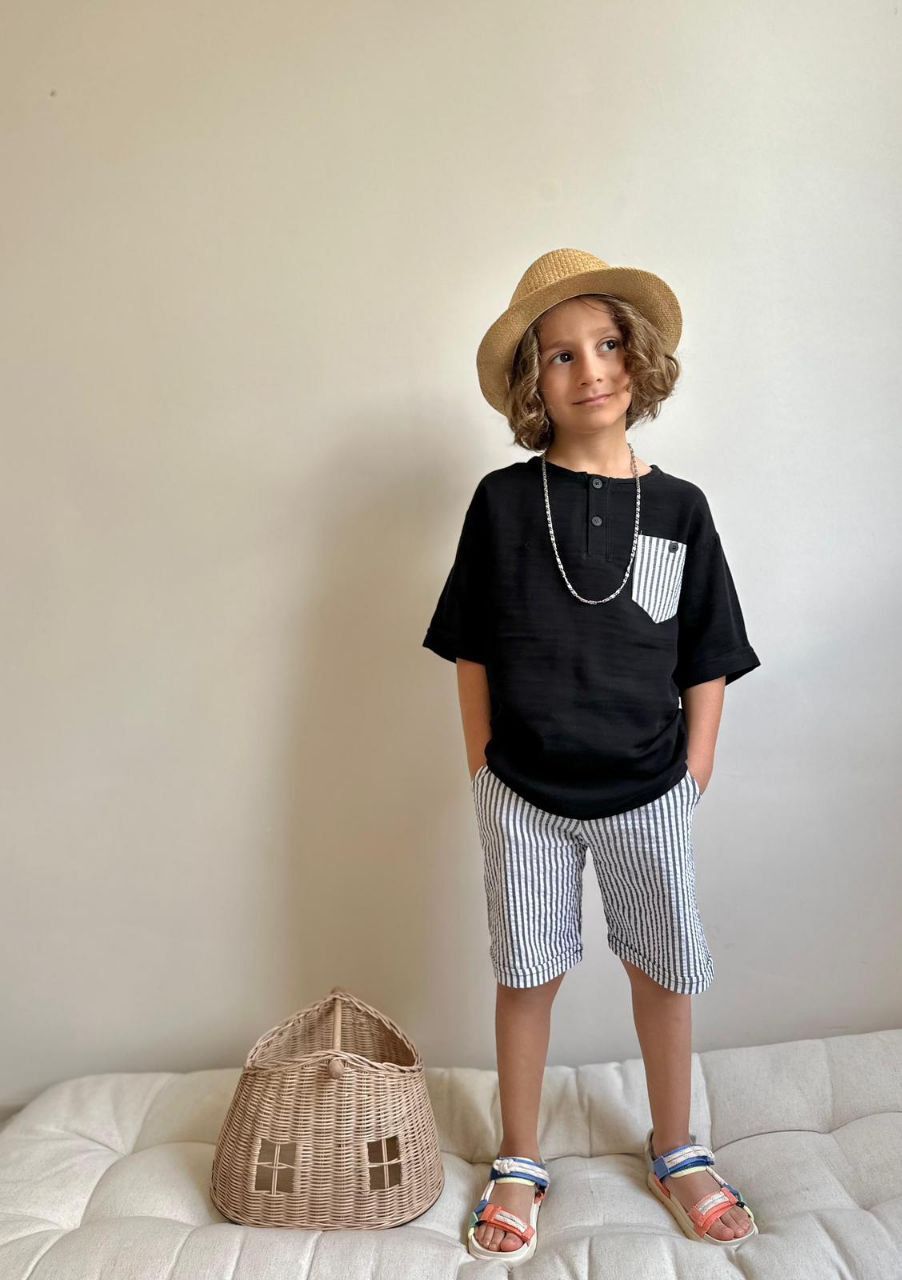 Erkek Çocuk Çizgili Keten Müslin Takım Siyah (1-D)
