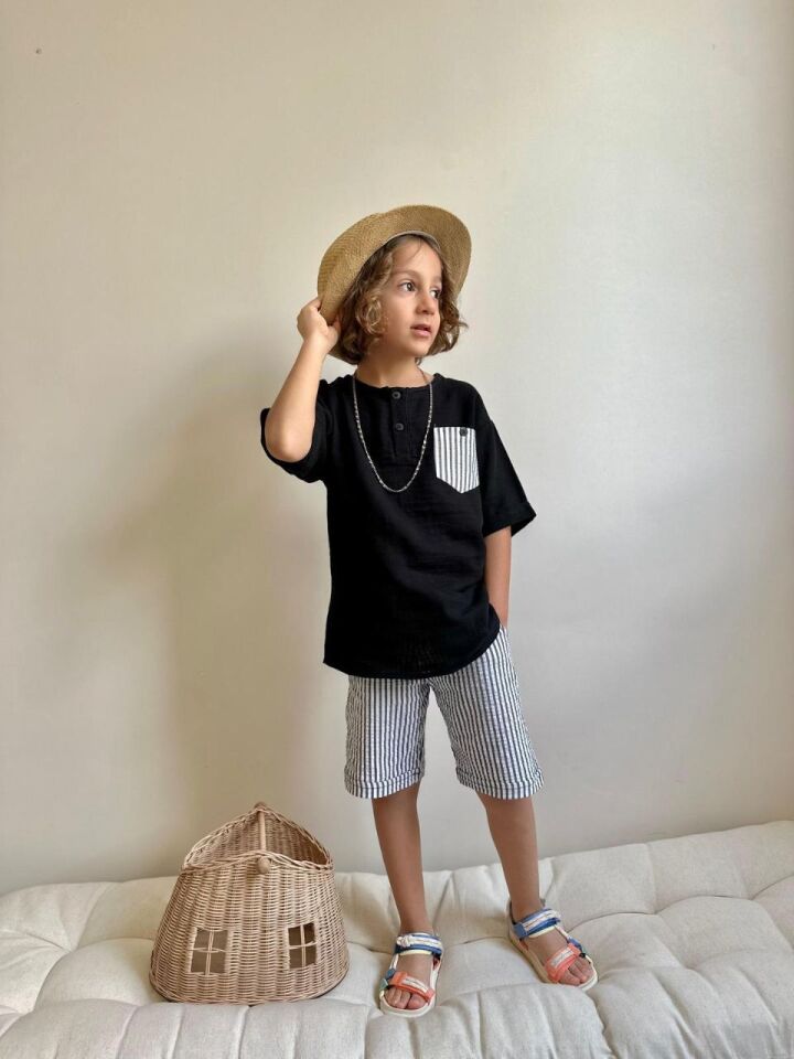 Erkek Çocuk Çizgili Keten Müslin Takım Siyah (1-D)