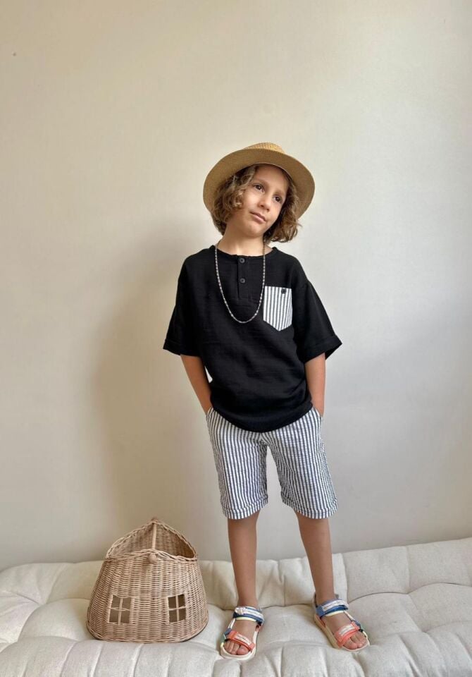 Erkek Çocuk Çizgili Keten Müslin Takım Siyah (1-D)
