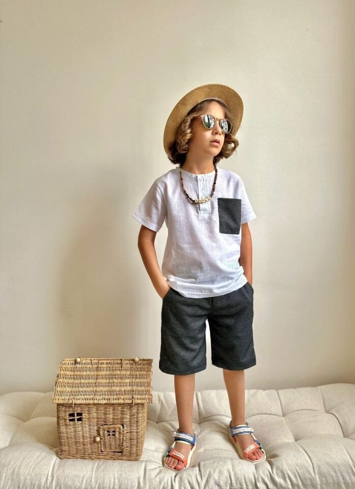 Erkek Çocuk Düz Keten Cepli Takım Koyu Gri (1-D)