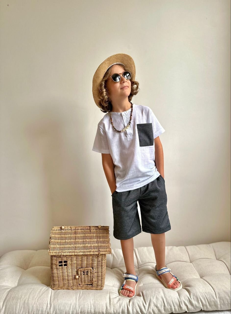 Erkek Çocuk Düz Keten Cepli Takım Koyu Gri (1-D)