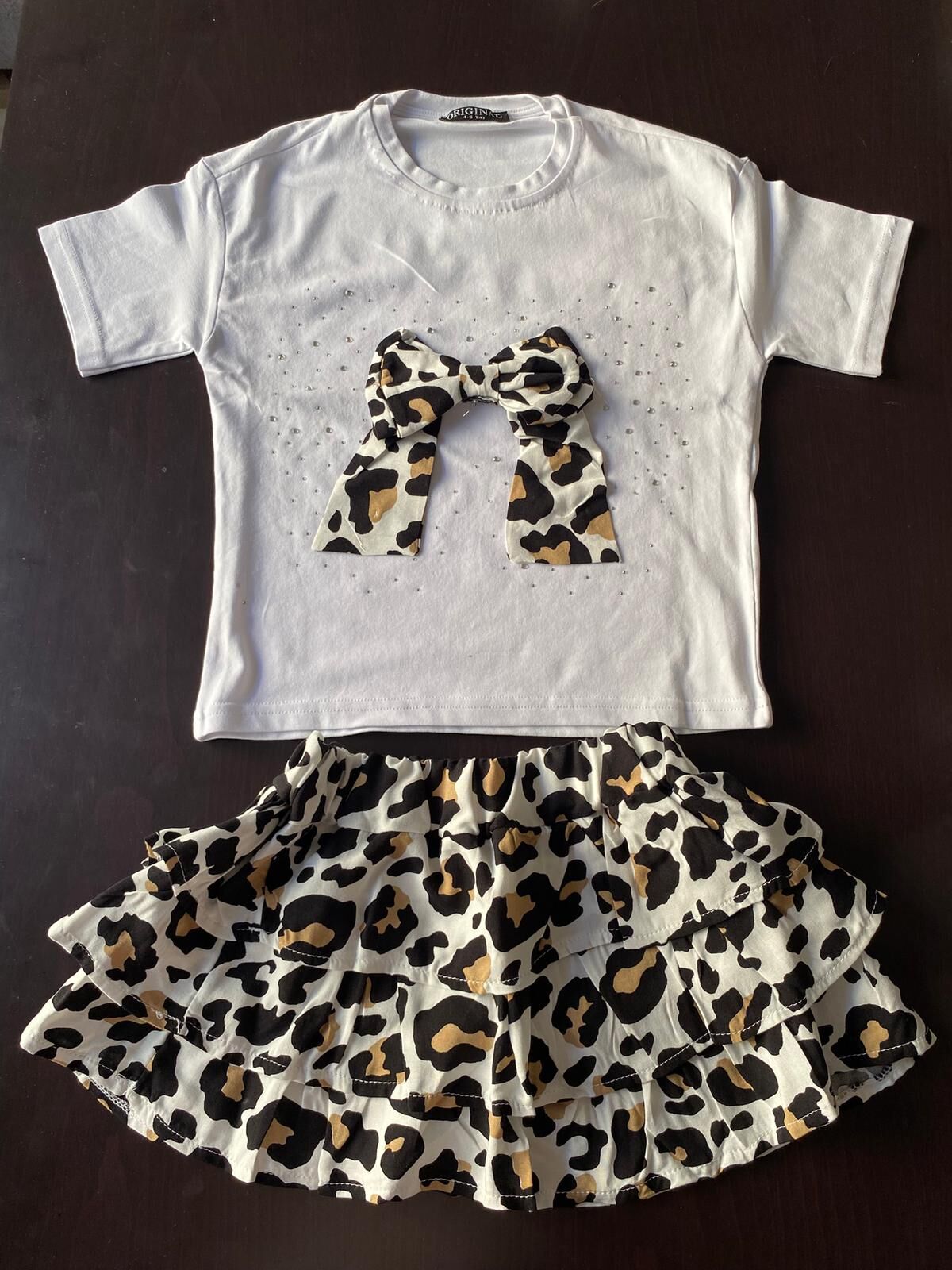 Kız Çocuk Leopar Fiyonklu Etekli Takım (5-G)