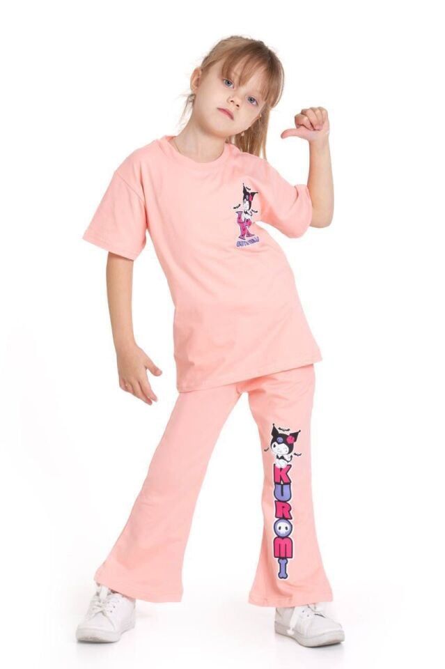 Kız Çocuk Kuromi Arka Baskılı İkili Uzun Takım Somon(4-E)