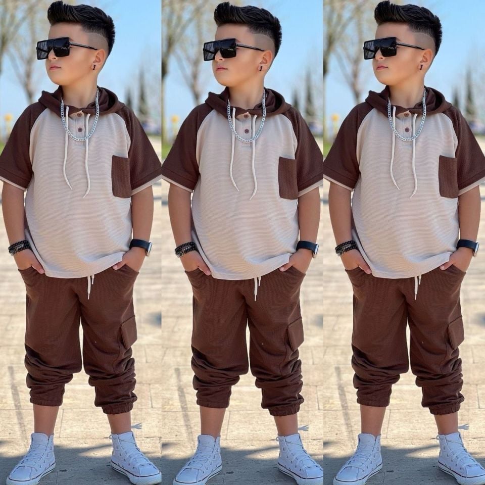 Kahverengi Kargo Cep Kapişonlu Takım Garson Boy