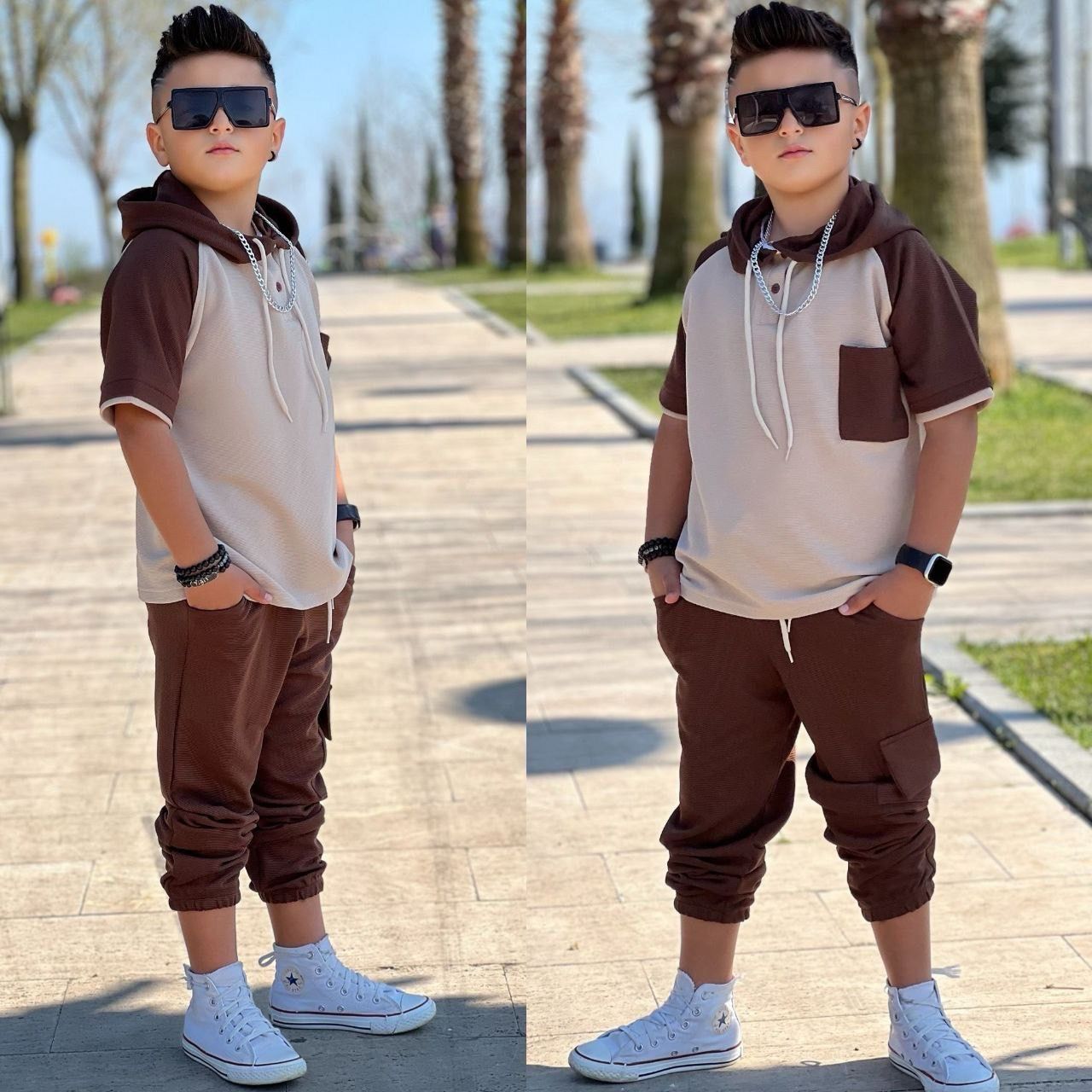 Kahverengi Kargo Cep Kapişonlu Takım Garson Boy