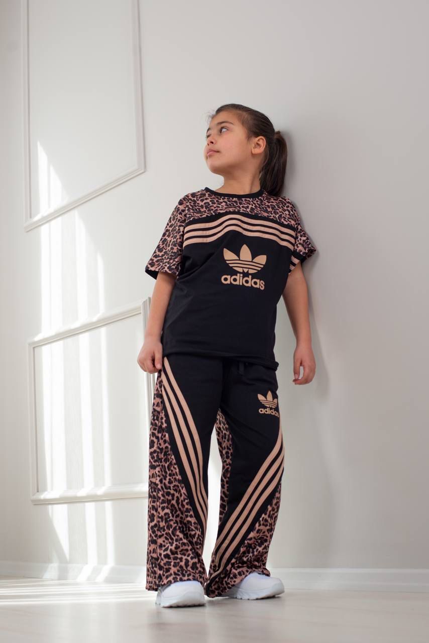 Kız Çocuk Siyah Leopar Baskılı Adidas İkili Takım (4-G)