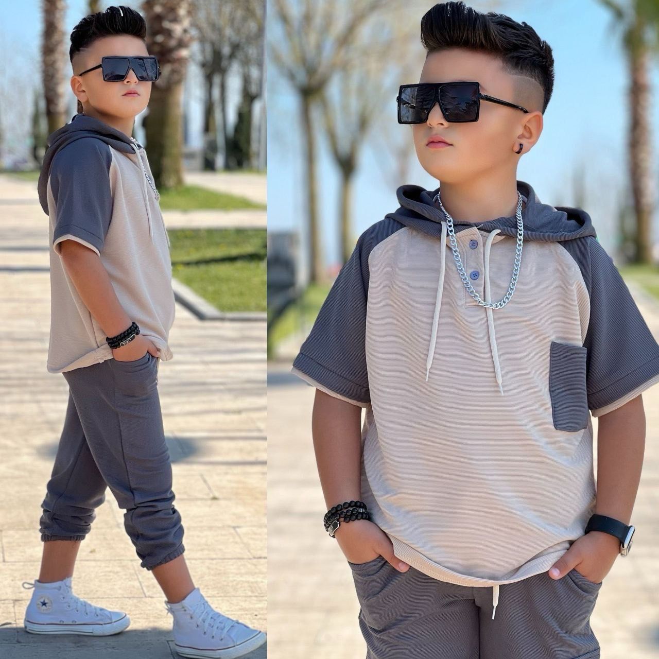 Gri Kargo Cep Kapişonlu Takım Garson Boy 6/7