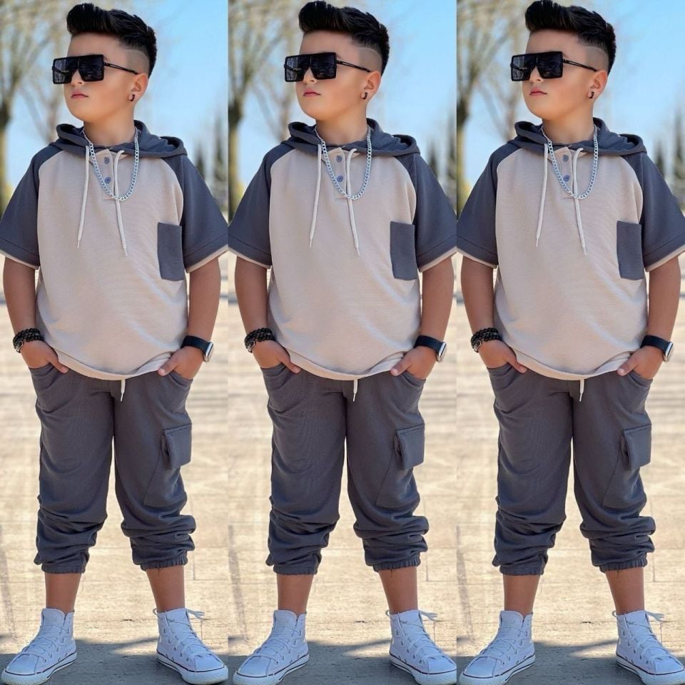 Gri Kargo Cep Kapişonlu Takım Garson Boy 6/7