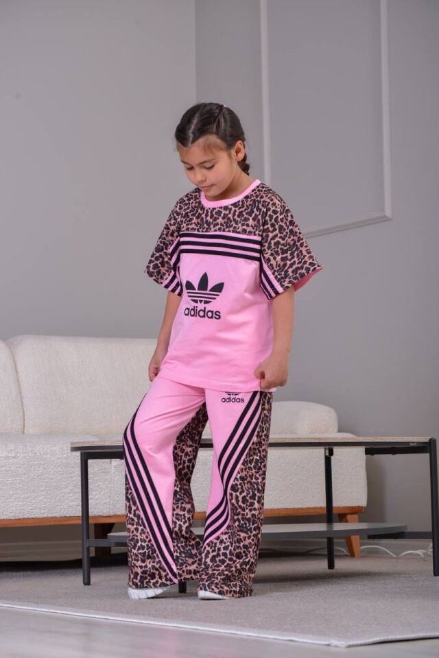 Kız Çocuk Pembe Leopar Baskılı Adidas İkili Takım (4-G)