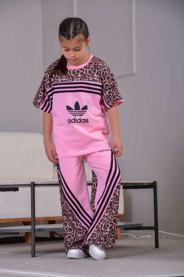 Kız Çocuk Pembe Leopar Baskılı Adidas İkili Takım (4-G)