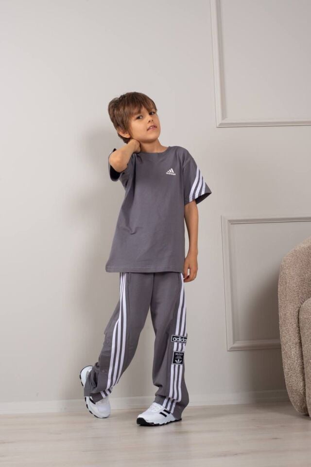 Erkek Çocuk Adidas Etiketli Yanı Düğmeli İkili Uzun Takım Gri (2-D)