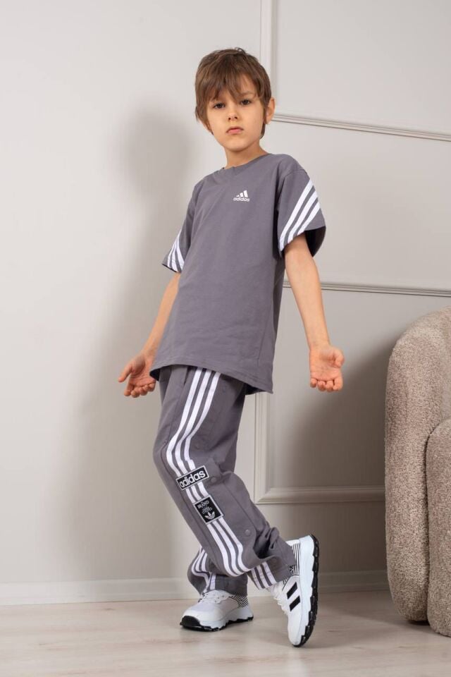 Erkek Çocuk Adidas Etiketli Yanı Düğmeli İkili Uzun Takım Gri (2-D)