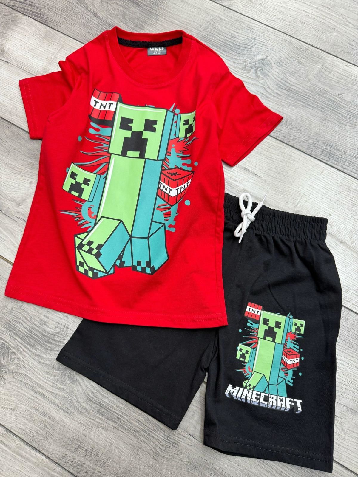Kırmızı Minecraft Şortlu Takım