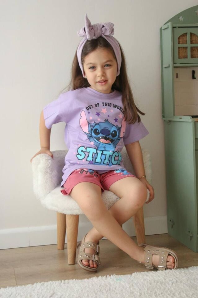 Kız Çocuk Stitch Baskılı Mor İkili Takım