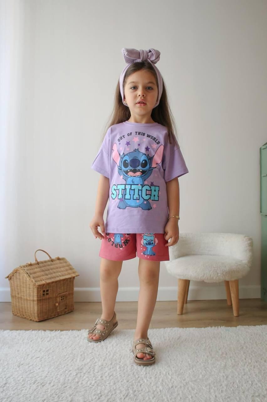 Kız Çocuk Stitch Baskılı Mor İkili Takım