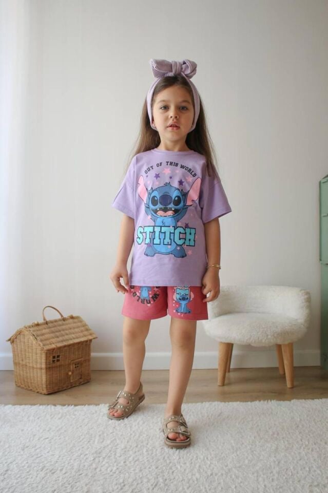 Kız Çocuk Stitch Baskılı Mor İkili Takım