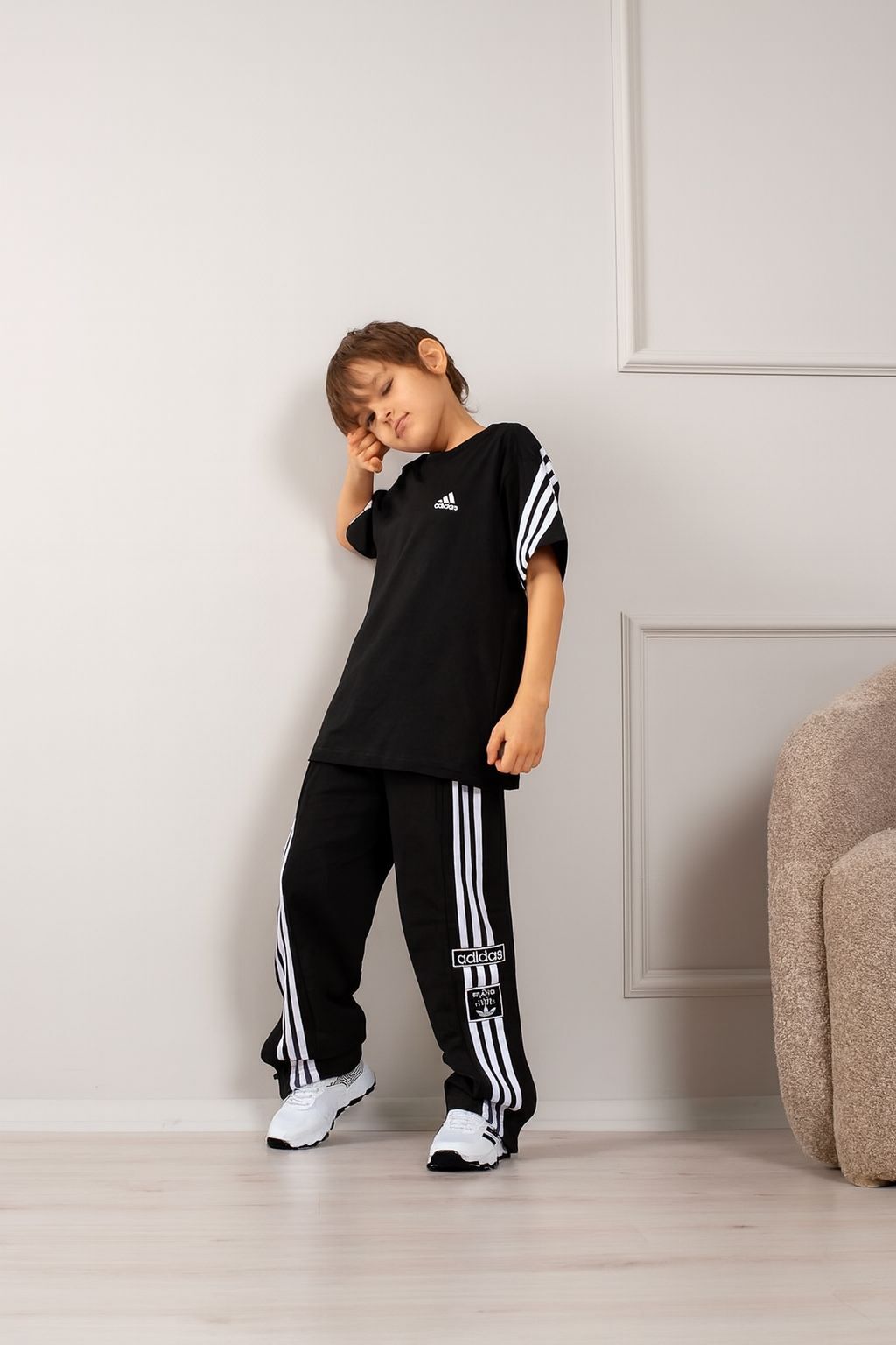 Erkek Çocuk Adidas Etiketli Yanı Düğmeli İkili Uzun Takım Siyah (2-D)