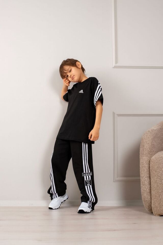 Erkek Çocuk Adidas Etiketli Yanı Düğmeli İkili Uzun Takım Siyah (2-D)