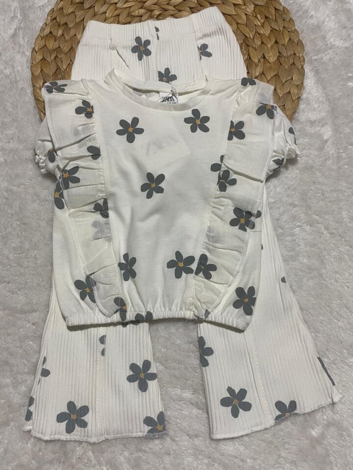 Kız Çocuk Papatya Desenli Kol Lastikli Alt Fitilli Uzun Takım (5-F)