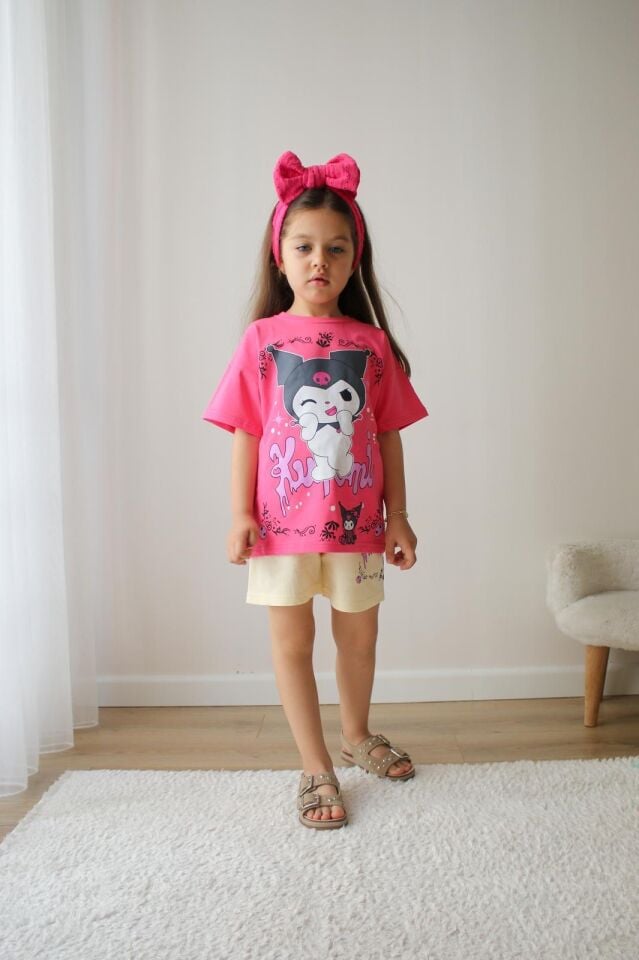 Kız Çocuk Kuromi Pembe Bej İkili Takım