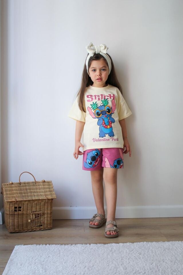 Kız Çocuk Stitch Mavi Baskı Bej İkili Takım