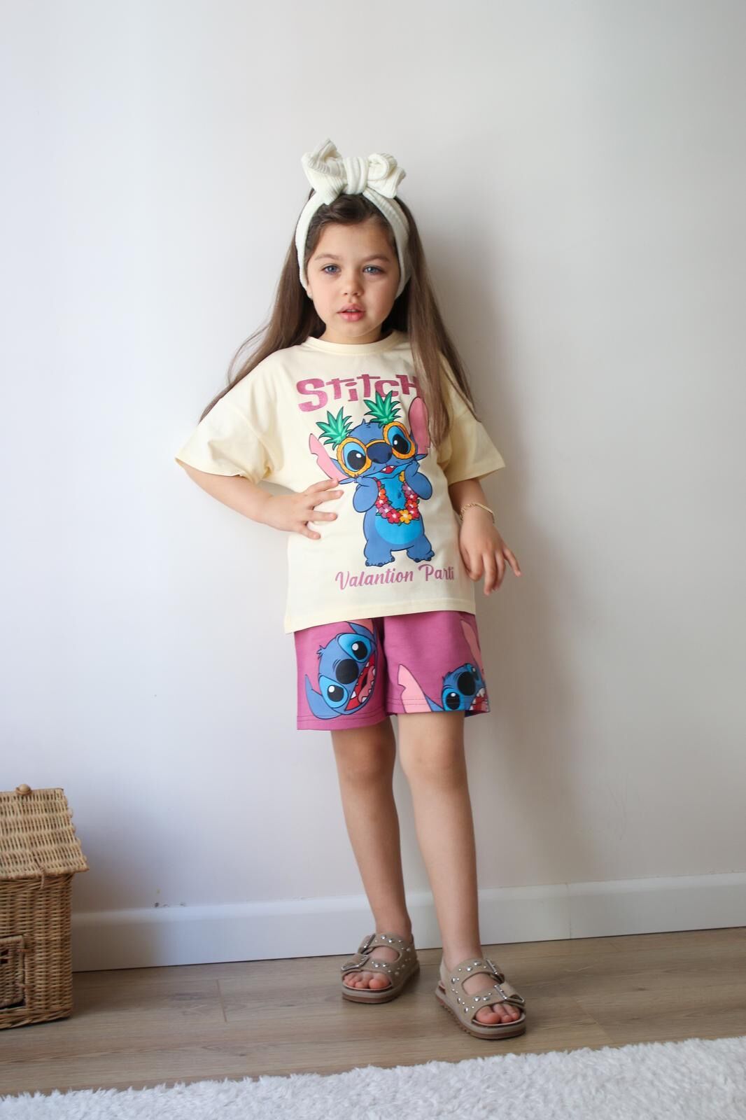 Kız Çocuk Stitch Mavi Baskı Bej İkili Takım