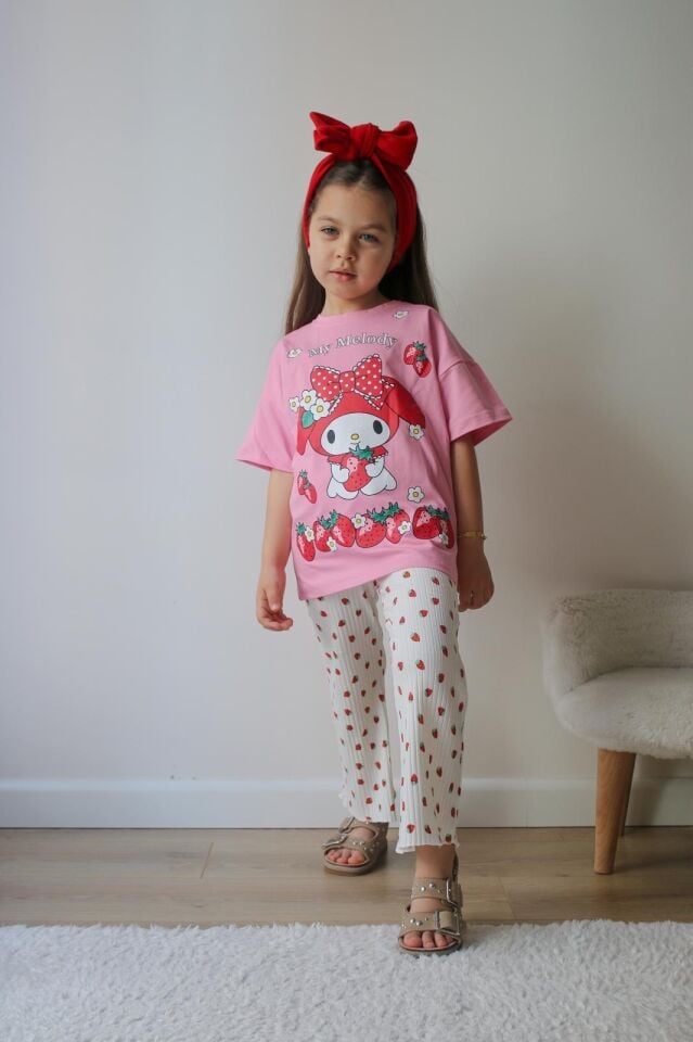 Kız Çocuk My Melody Alt Uzun Çilek Baskılı İkili Takım  (4-E) 3/4