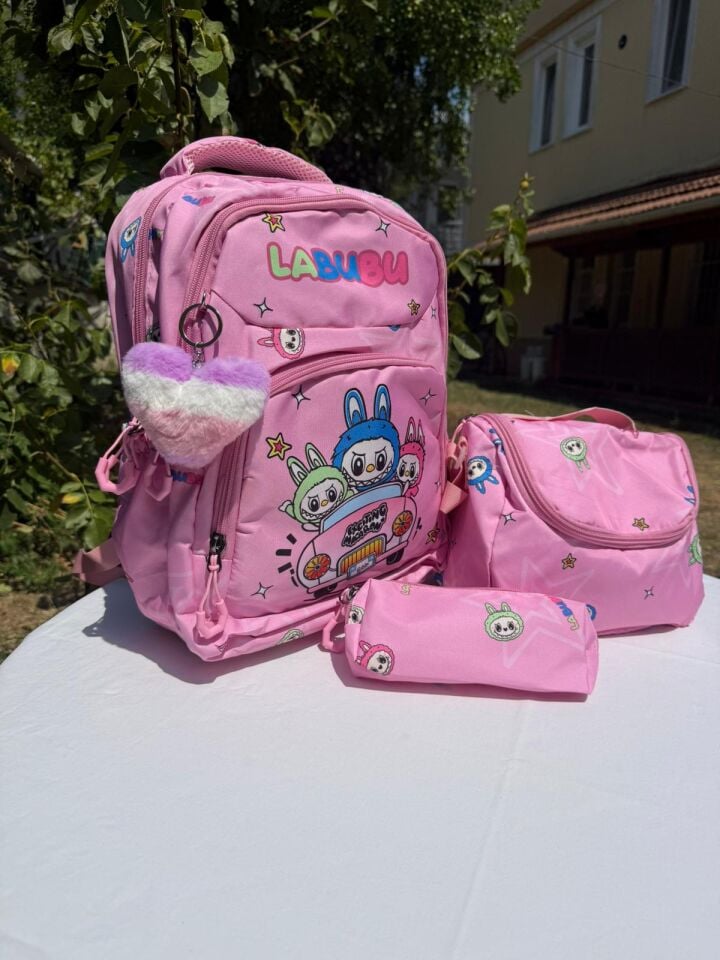Labubu Pembe Çok Bölmeli Beslenmeli Çanta Takım(Kalemlik Hediyeli)