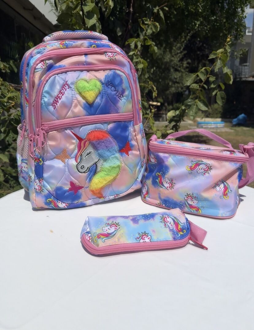 Unicorn Mavi Pembe 4 Bölmeli Beslenmeli Okul Çantası(Kalemlik Hediyeli)
