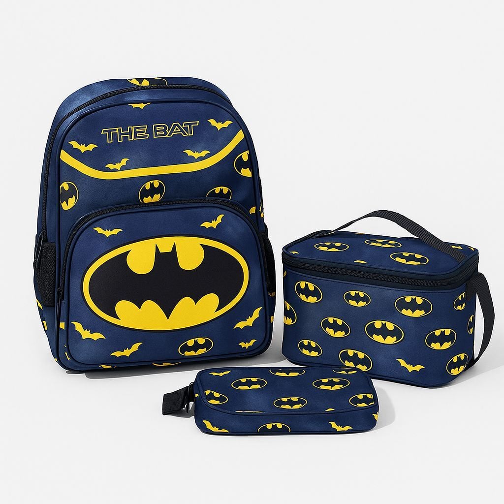 Batman Lacivert 3 Bölmeli Beslenmeli Okul Çantası (Kalemlik Hediyeli)