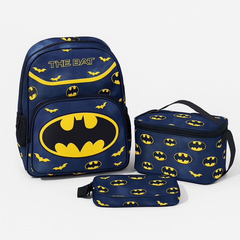 Batman Lacivert 3 Bölmeli Beslenmeli Okul Çantası (Kalemlik Hediyeli)