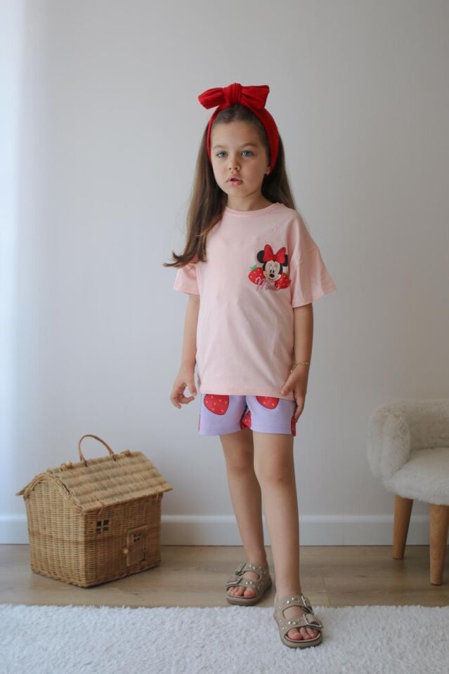 Kız Çocuk Minnie Çilek Baskılı Alt Mor İkili Takım