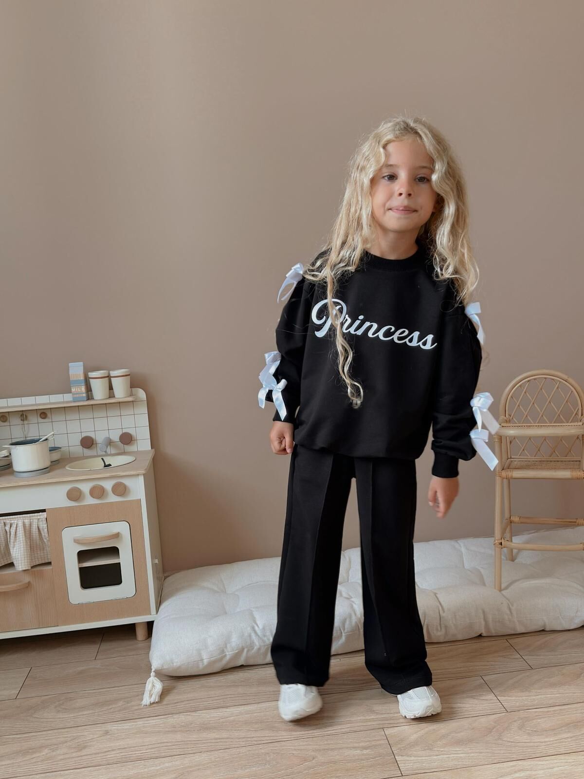 Kız Çocuk Princess Yazılı Alt Üst Uzun Takım Siyah (5-E)