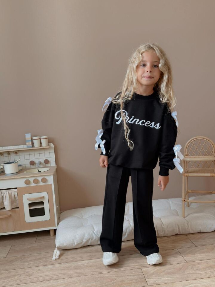 Kız Çocuk Princess Yazılı Alt Üst Uzun Takım Siyah (5-E)